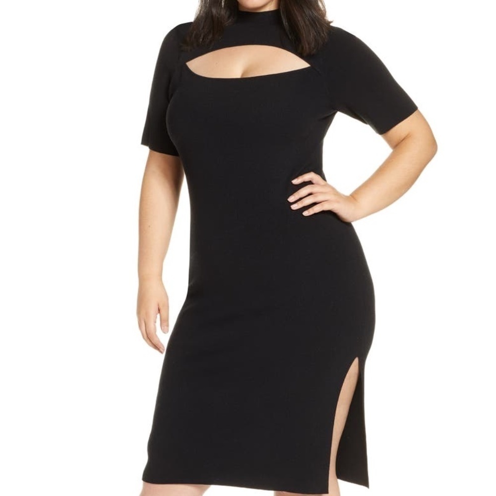 Leith Cutout Front Mock Neck Body Con Black Knit Sweater Dress 3X
